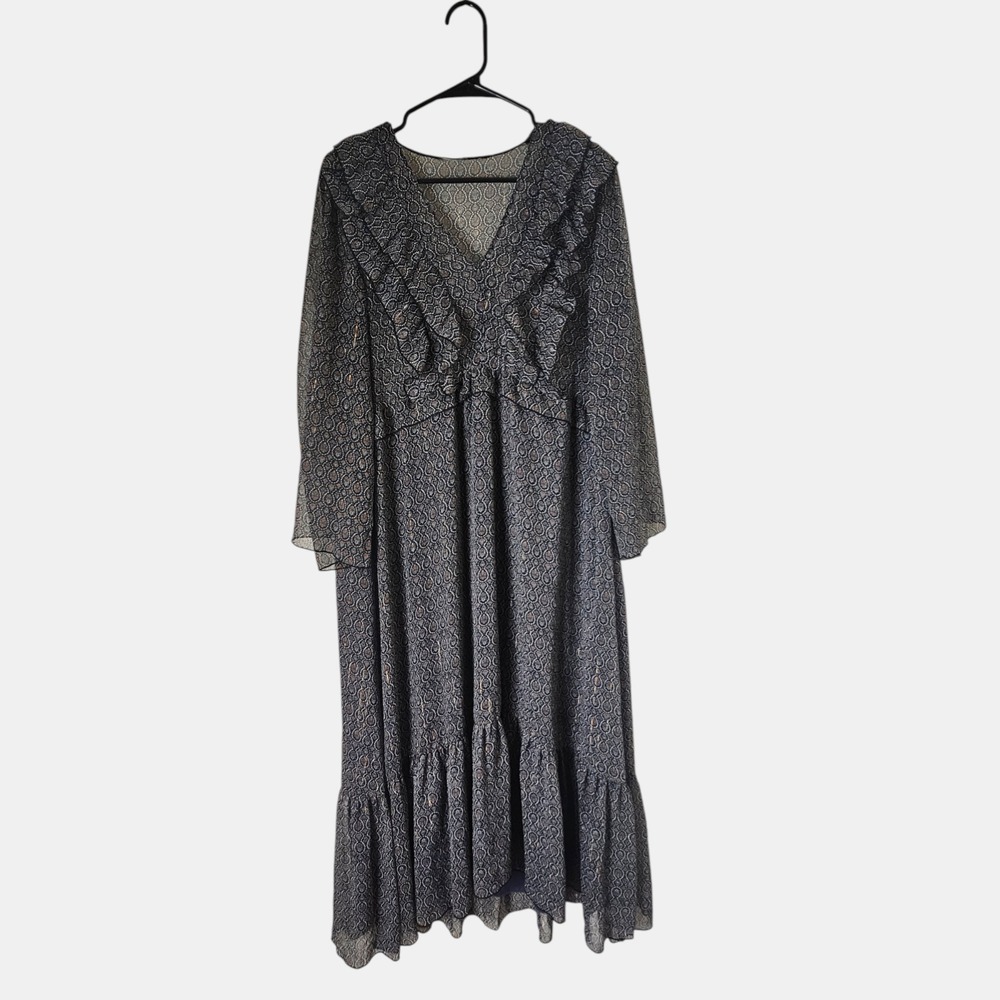 Zara Paisley Chiffon Midi Dress Ruffles Metallic M‎ Flowy Peasant Boho Chic